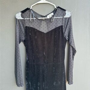 Monteau black velvet and sheer polka-dot mesh long-sleeve playsuit